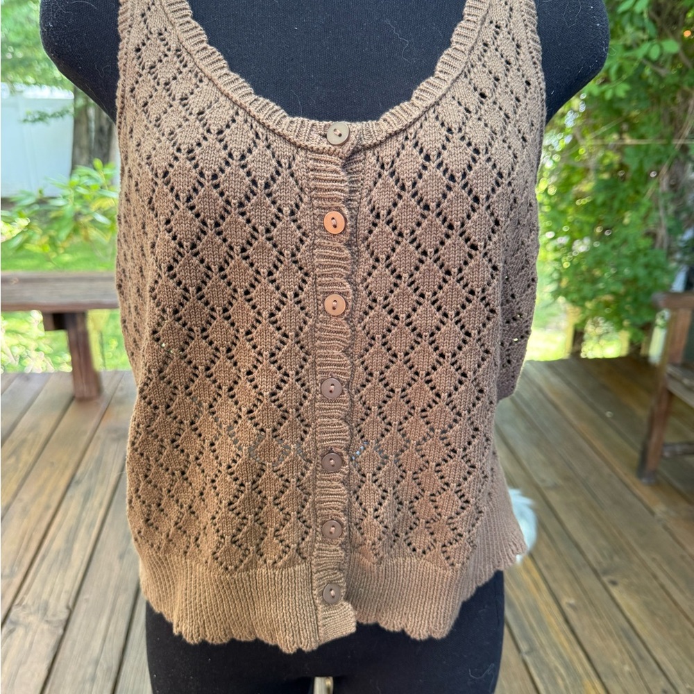 NWT LOFT Open-Knit‎ Button Front Tank - Brown